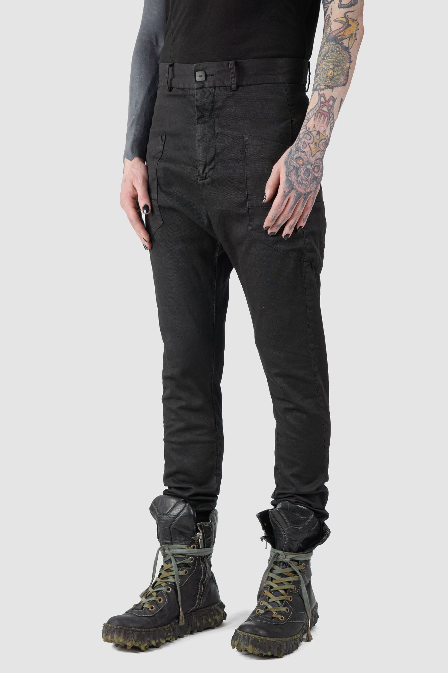 MD75 - front side view of black Waxed Dropped Crotch Woven Cotton Trousers
