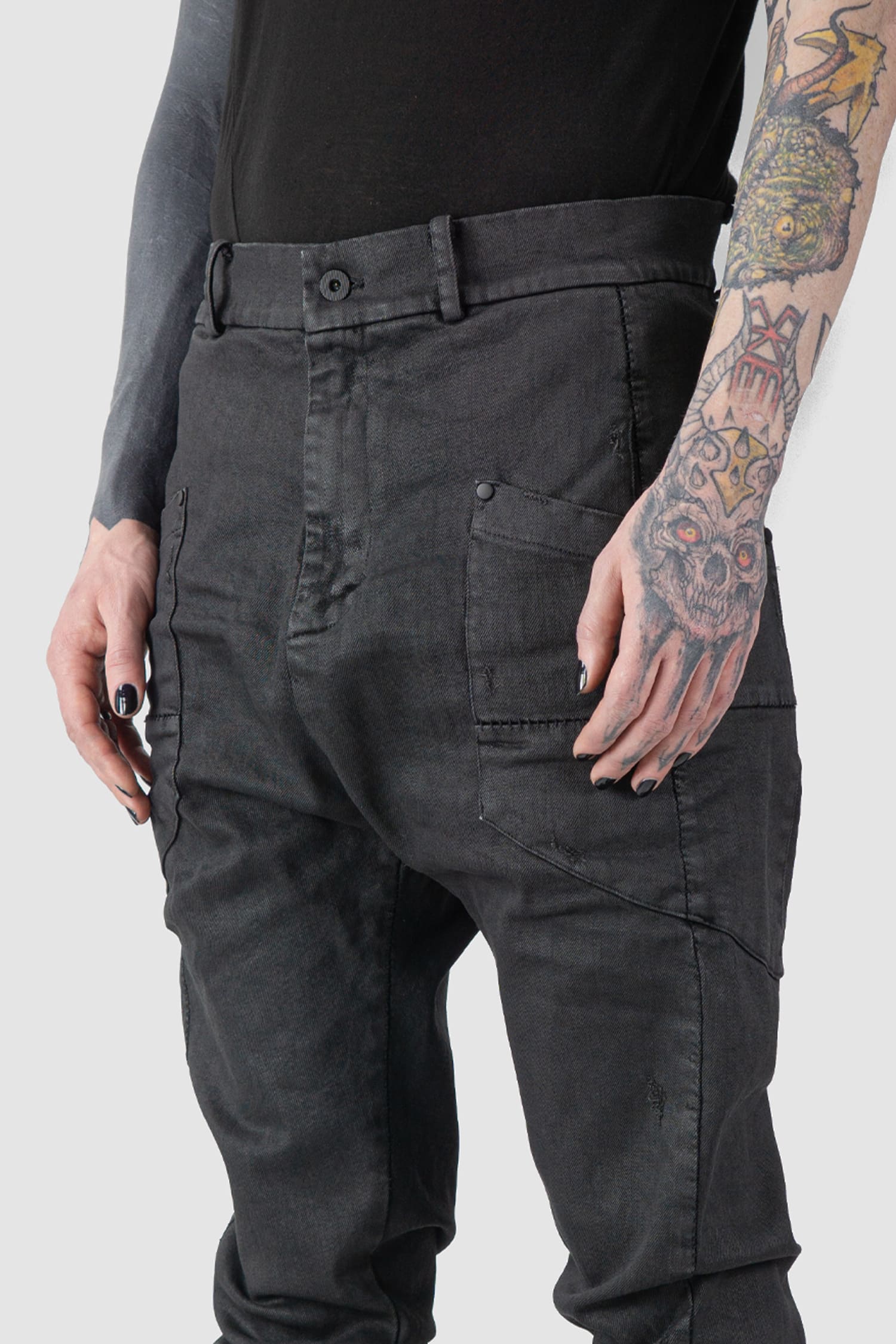MD75 - front detail view of black Waxed Low Crotch Stretch Denim Jeans