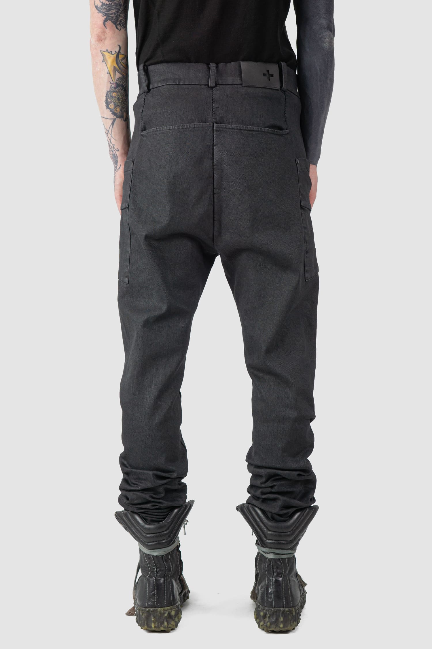 MD75 - back view of black Waxed Low Crotch Stretch Denim Jeans