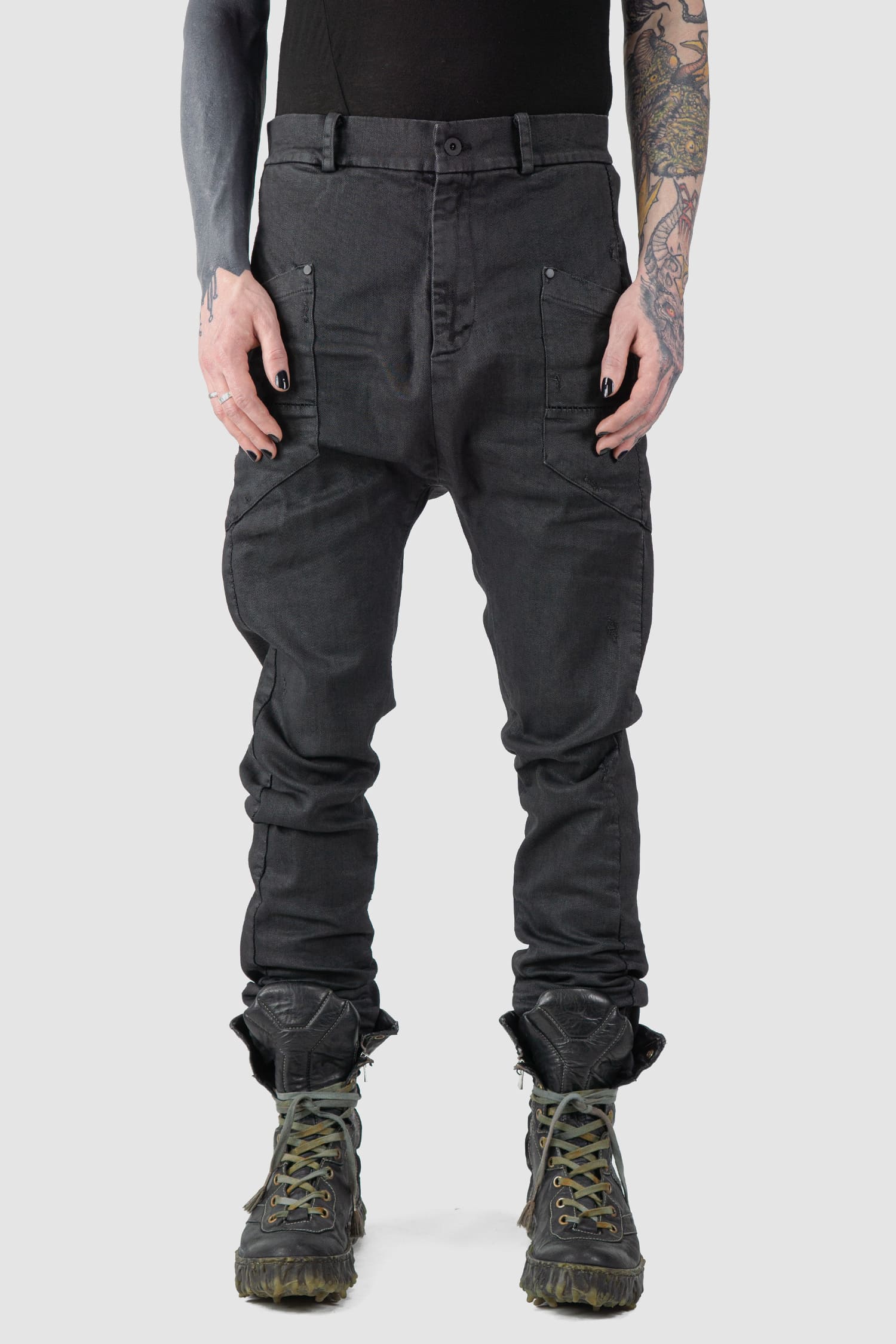 MD75 - front view of black Waxed Low Crotch Stretch Denim Jeans
