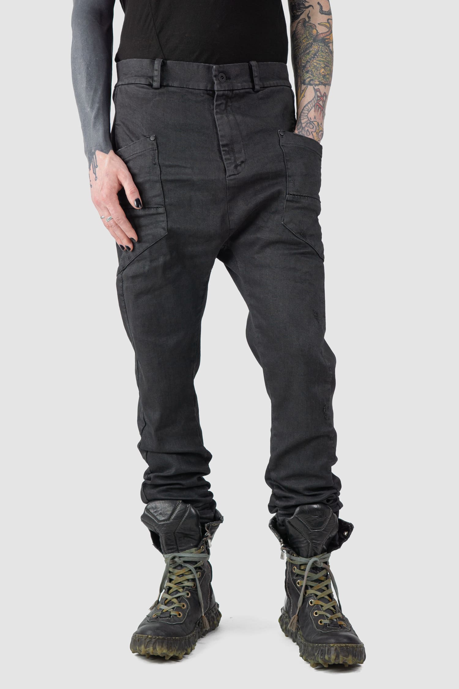 MD75 - relaxed model view of black Waxed Low Crotch Stretch Denim Jeans