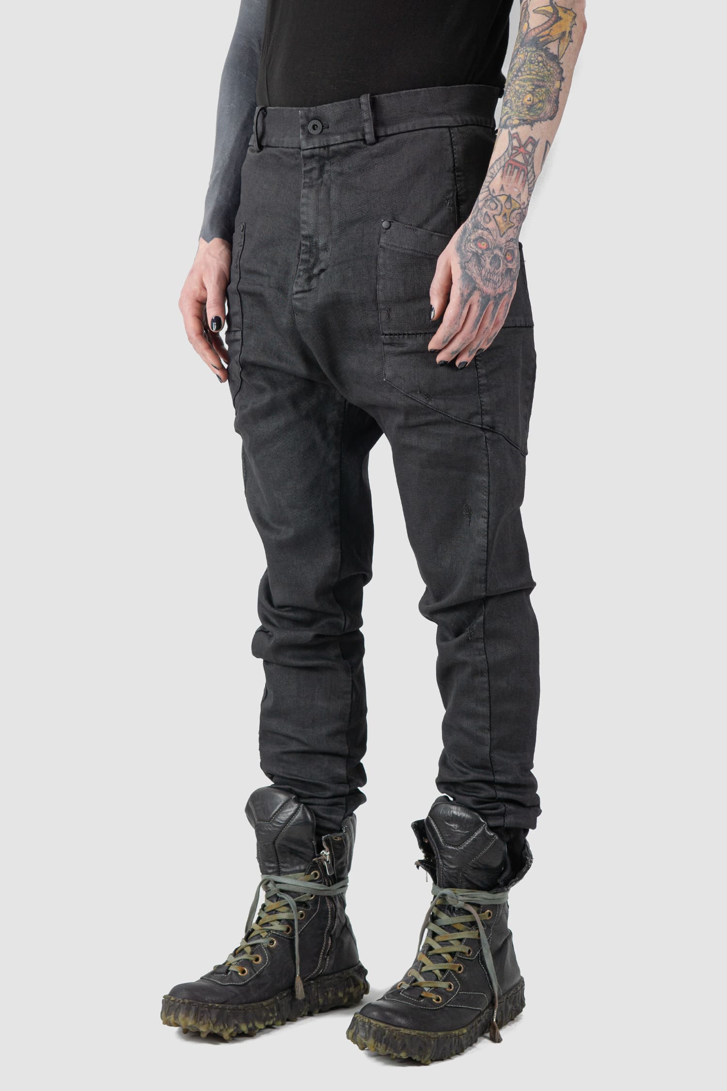 MD75 - front side view of black Waxed Low Crotch Stretch Denim Jeans