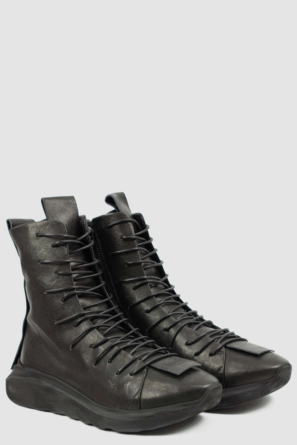 Front right view of Multi Tasker High Top Sneaker with inside zipper and black lacing, PURO
