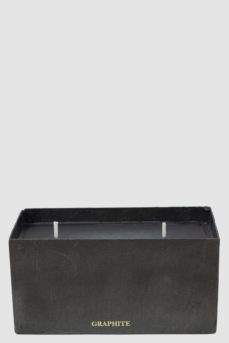 Mad et Len - front view of Graphite Scent Black Block Candle from the Permanent Collection with Burned Black Heavy Iron Vessel.