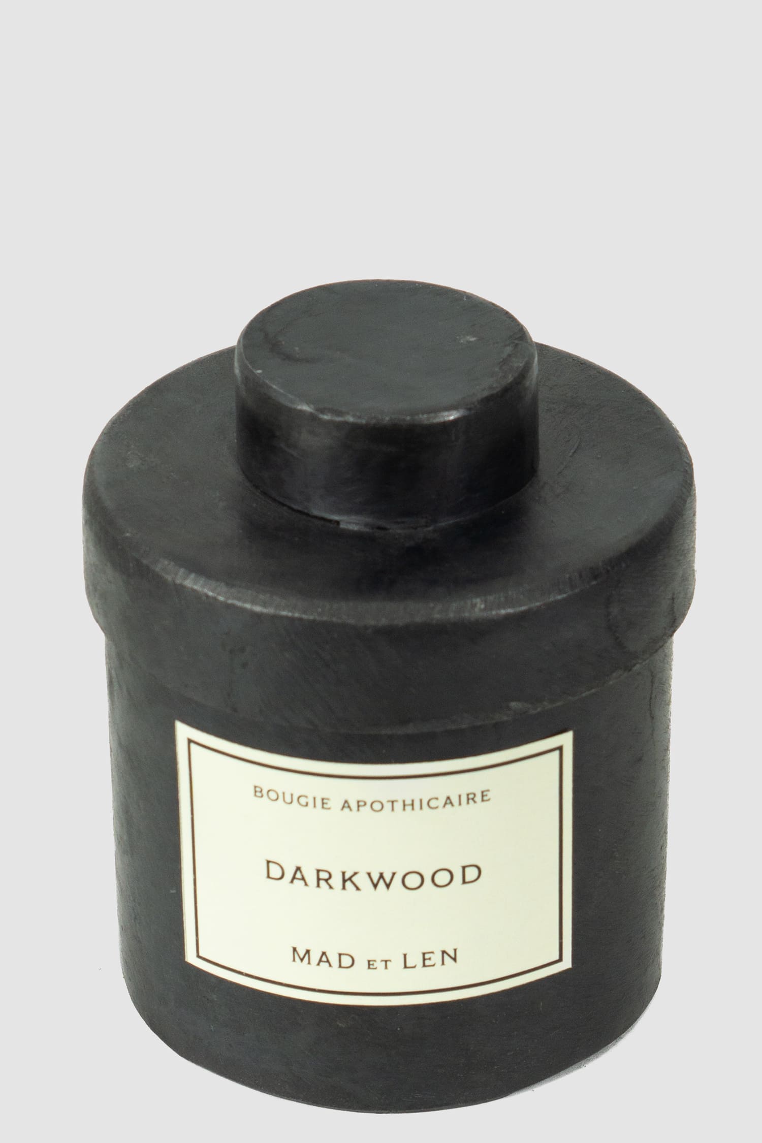 Mad et Len - front closed view of black Darkwood | Candle Bougie D'Apothicaire - 300g