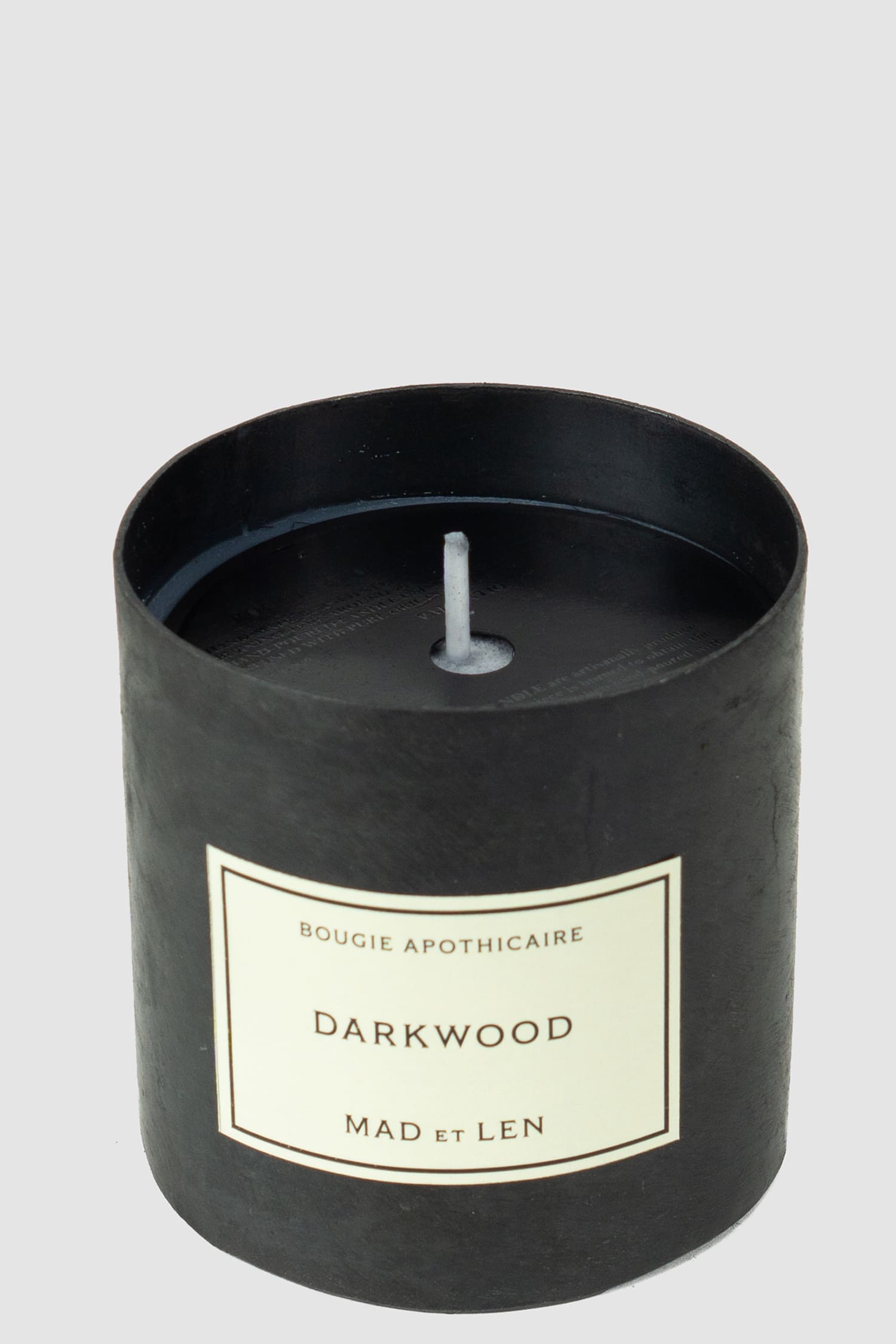 Mad et Len - front open view of black Darkwood | Candle Bougie D'Apothicaire - 300g
