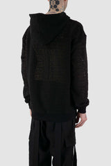 Side view of Black Cotton Hoodie for Men with big hood and overlength sleeves, LA HAINE INSIDE US