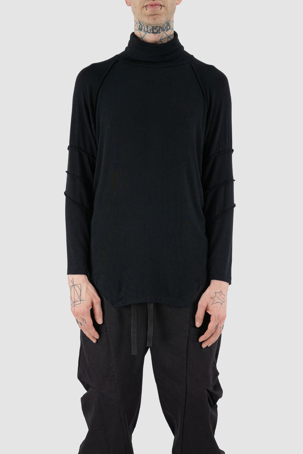 Front view of Black Viscose Longsleeve Tee for Men with turtleneck detail, LA HAINE INSIDE US