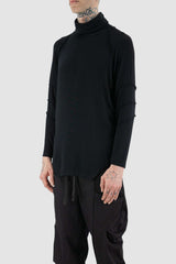 Side view of Black Viscose Longsleeve Tee for Men with turtleneck detail, LA HAINE INSIDE US