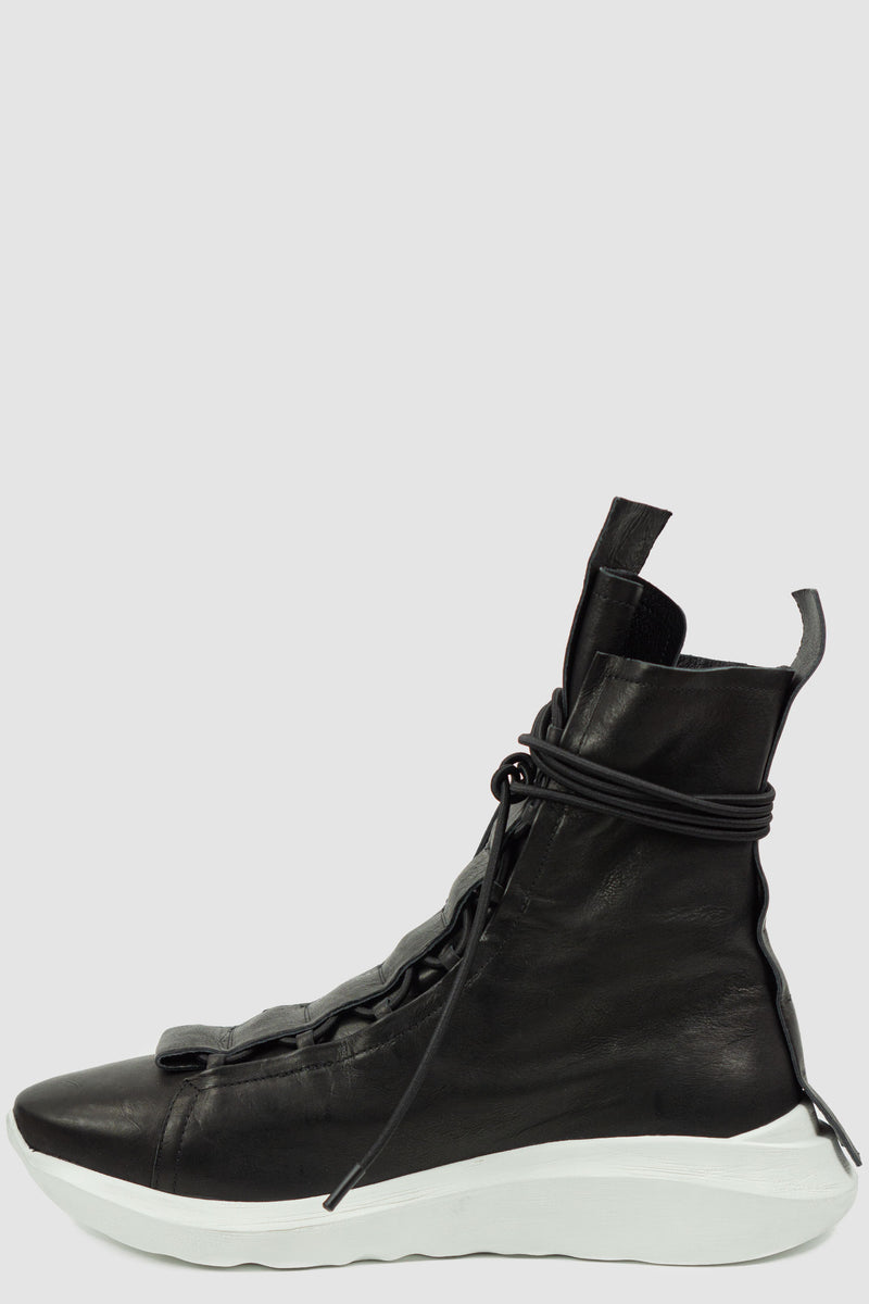 left view of Next Level High Top Sneaker B/W with hidden elastic lacing and white rubber sole, PURO