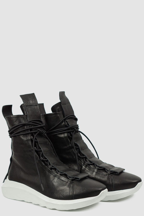 PURO SECRET Black Leather Sneaker - Men's Permanent Collection, White Sole, Hidden Elastic Lacing