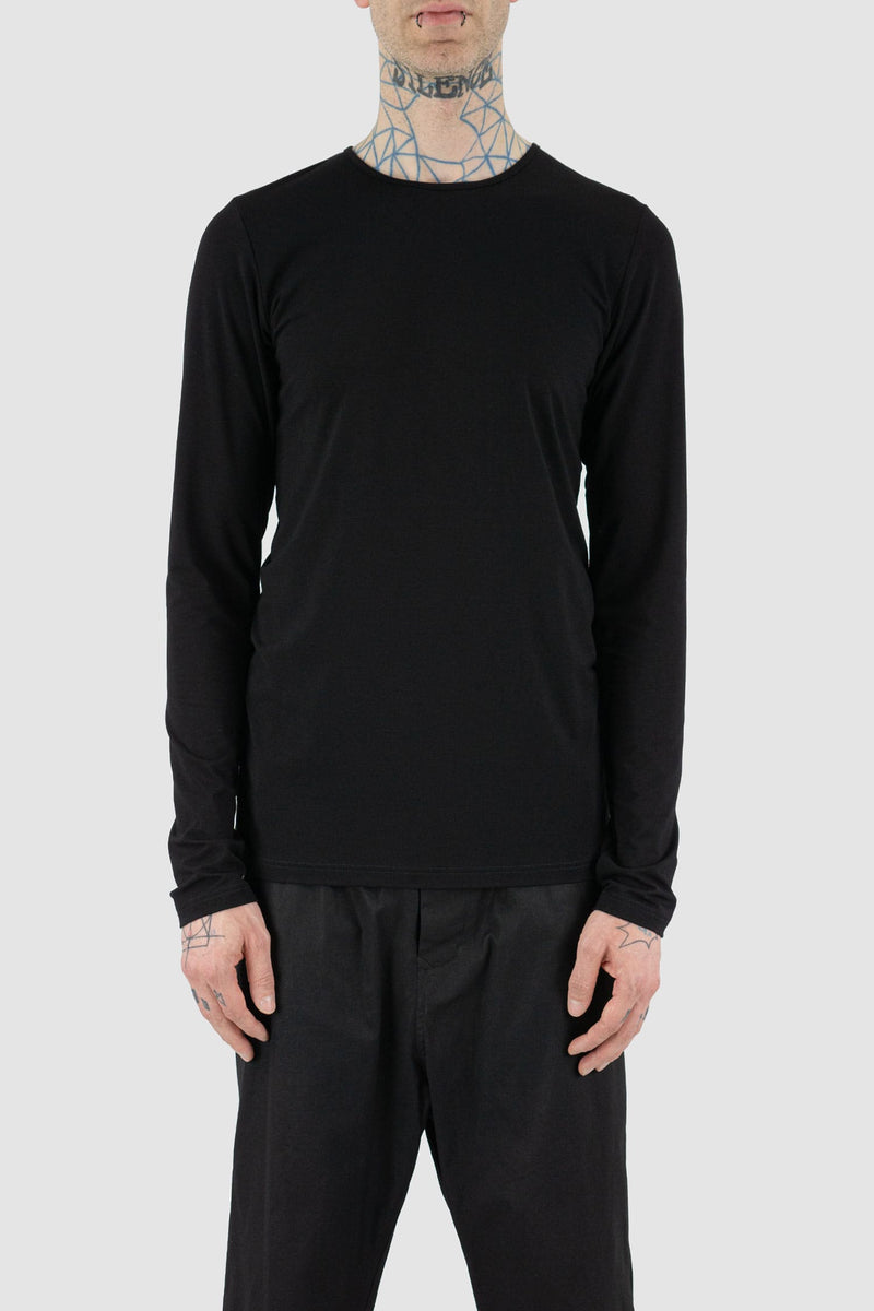 Nomen Nescio - Front view of black longsleeve tee with round neckline, slim fit, for men.