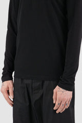 Nomen Nescio - side detail view of black long sleeve tee with round neckline, slim fit, for men.