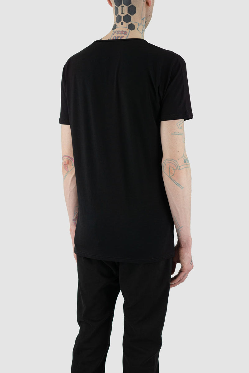 Nomen Nescio - back side view of black basic T-shirt, breathable and soft on skin, round neckline.