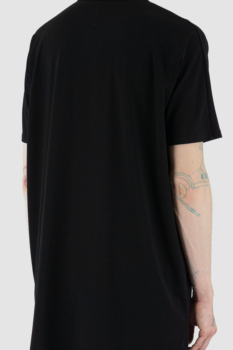 Nomen Nescio - back detail view of black boxy T-shirt with round neckline, raglan shoulders, for men.