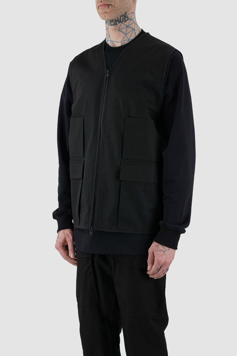 Nomen Nescio - side view of black cotton field vest.