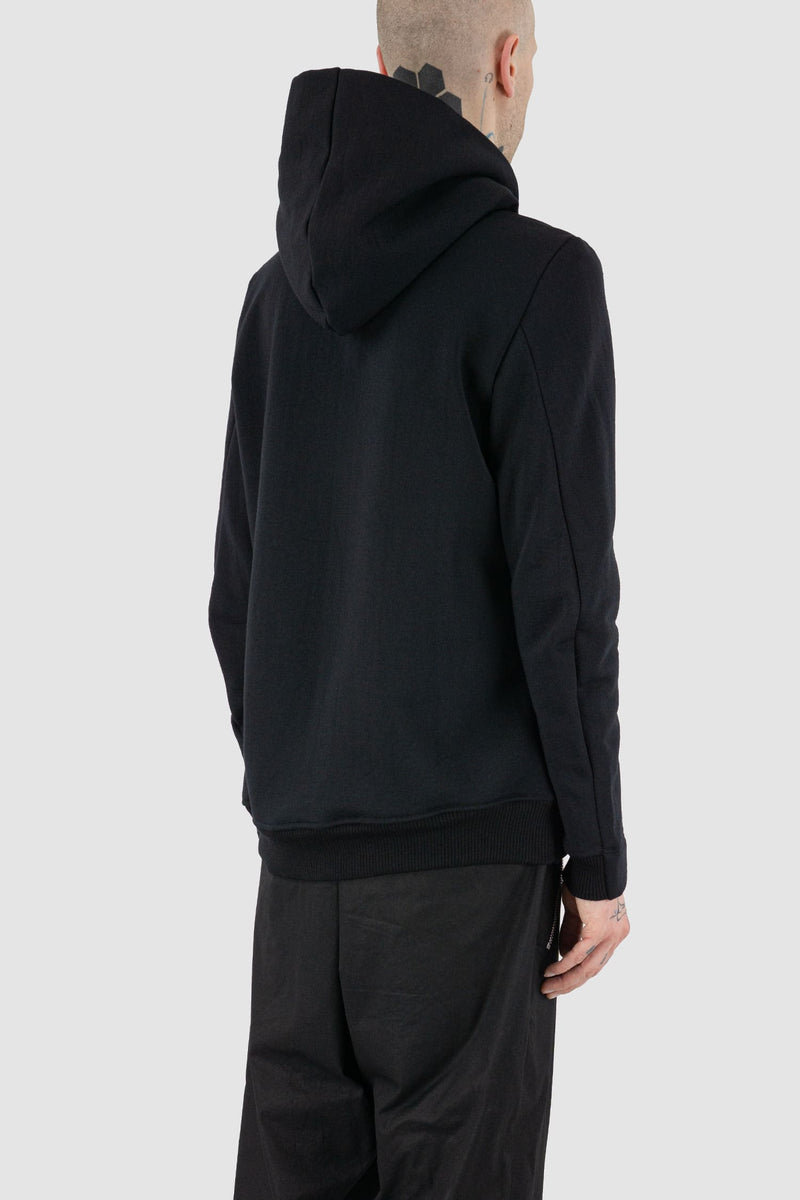 Nomen Nescio - back side view of black wool hoodie in fine merino wool, relaxed fit, for men.