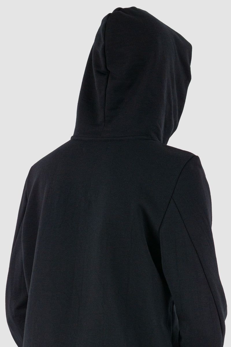 Nomen Nescio - hood detail view of black wool hoodie in fine merino wool, relaxed fit, for men.