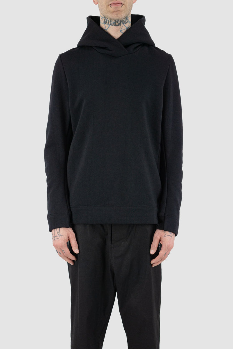 Nomen Nescio - Front view of black wool hoodie in fine merino wool, relaxed fit, for men.