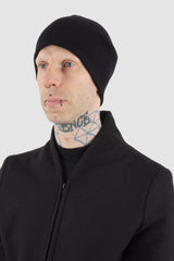 Nomen Nescio - model view of Black Wool Rib Beanie.