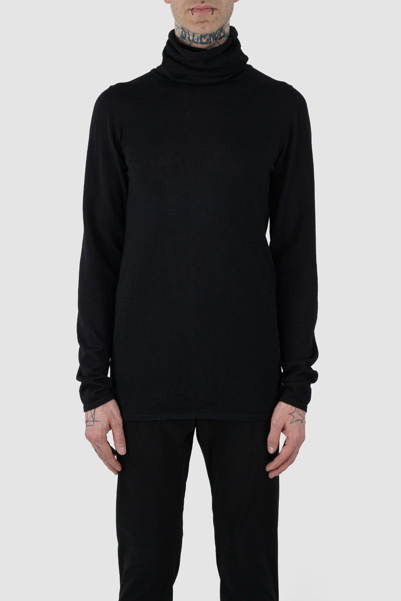 Nomen Nescio - front view of black merino wool turtleneck sweater 505 for men from the FW24 collection is crafted from 100% fine merino wool and features mulesing-free yarn.