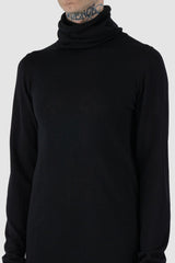 Nomen Nescio - front neck view of black merino wool turtleneck sweater 505 for men from the FW24 collection is crafted from 100% fine merino wool and features mulesing-free yarn.