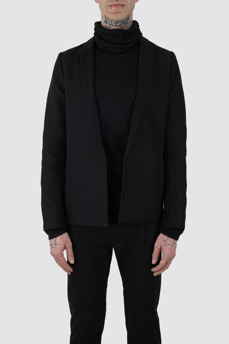 Nomen Nescio - front view of black open basic blazer jacket 303 for men from the FW24 collection features a minimalist, straight, and slightly tailored cut.