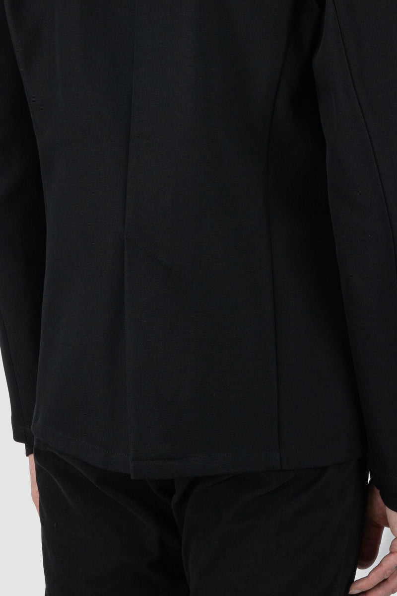 Nomen Nescio - back detail view of black open basic blazer jacket 303 for men from the FW24 collection features a minimalist, straight, and slightly tailored cut.