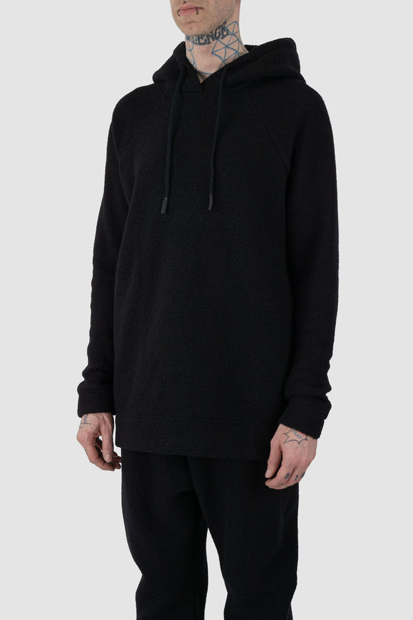 Nomen Nescio - front side view of black recycled wool hoodie 518.