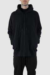 Nomen Nescio - front legere view of black raglan zip hoodie with wool rib cuffs, relaxed fit.