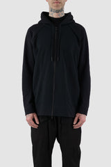 Nomen Nescio - Front view of black raglan zip hoodie with wool rib cuffs, relaxed fit.