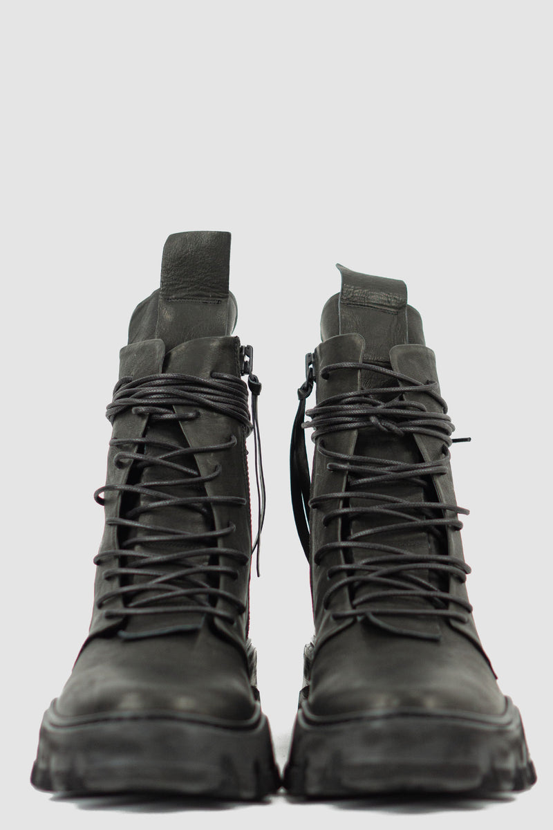 Front view of Outdoor Tasker Man High Top Chunky Boot with unique lacing and chunky sole, PURO
