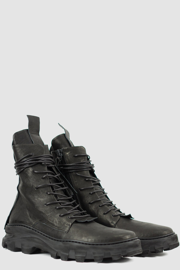 Men's PURO SECRET Black High Top Boots - Crafted from 100% Calf Leather, featuring Vegetal Black Tanned Leather, Chunky Rubber Sole, Unique Lacing, Made in Italy.