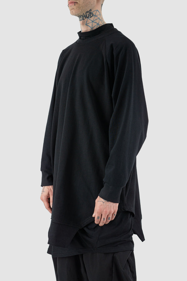 Side view of Black Cot Over Grunge Sweater showing raglan shoulders, XCONCEPT
