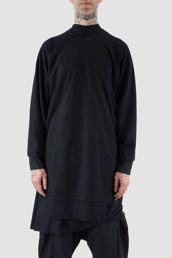 Front view of Black Cot Over Grunge Sweater with side cut out detail, XCONCEPT