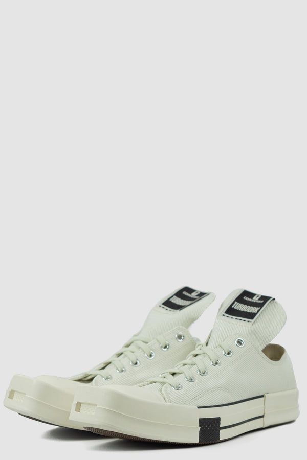 Converse x Rick Owens DRKSHDW Milk White Turbodrk Ox Cotton Low-Top Sneakers for Men with Square Toe Detail, front right.