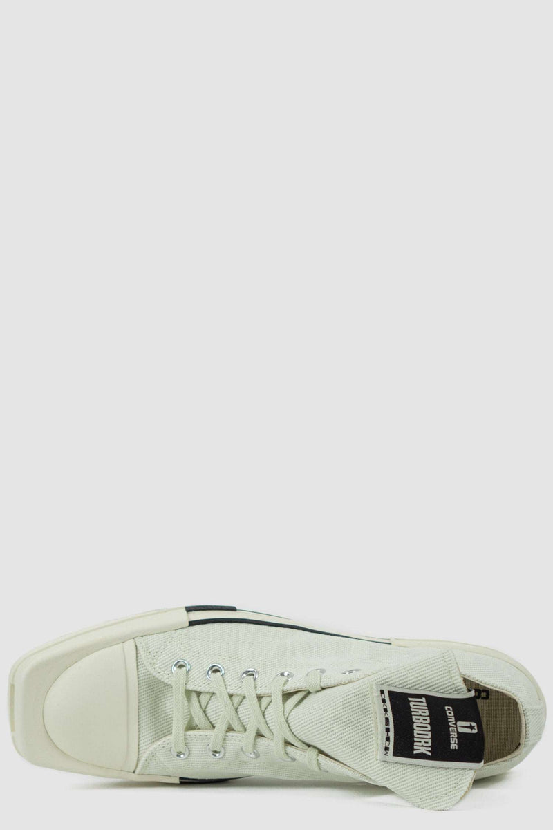 Converse x Rick Owens DRKSHDW Milk White Turbodrk Ox Cotton Low-Top Sneakers for Men with Square Toe Detail, upper side.