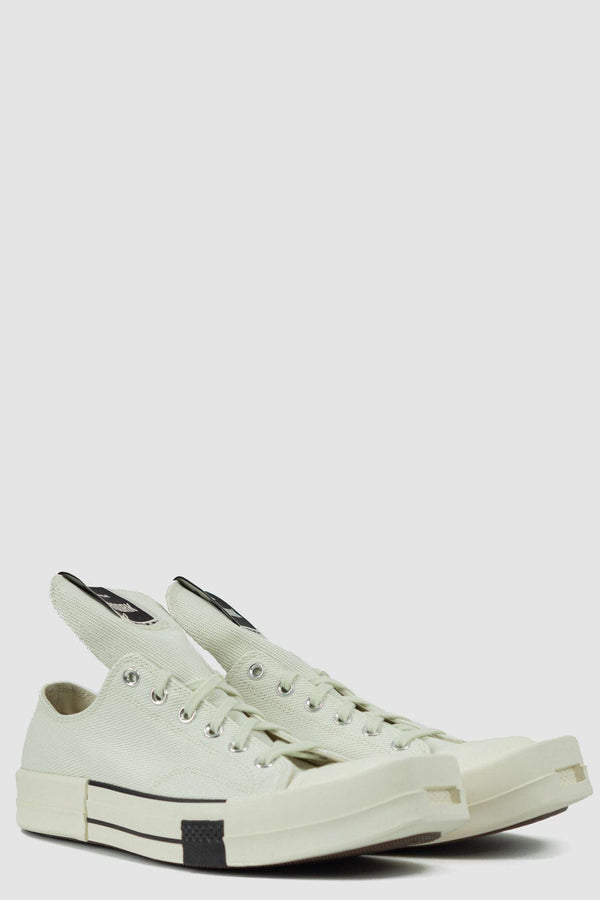 Converse x Rick Owens DRKSHDW Milk White Turbodrk Ox Cotton Low-Top Sneakers for Men with Square Toe Detail, front left.