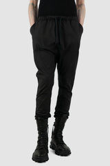 Obectra Studio - Front legere view of Black Cotton Dawn jogger pants with lower positioned back pockets, regular fit, Permanent Collection.