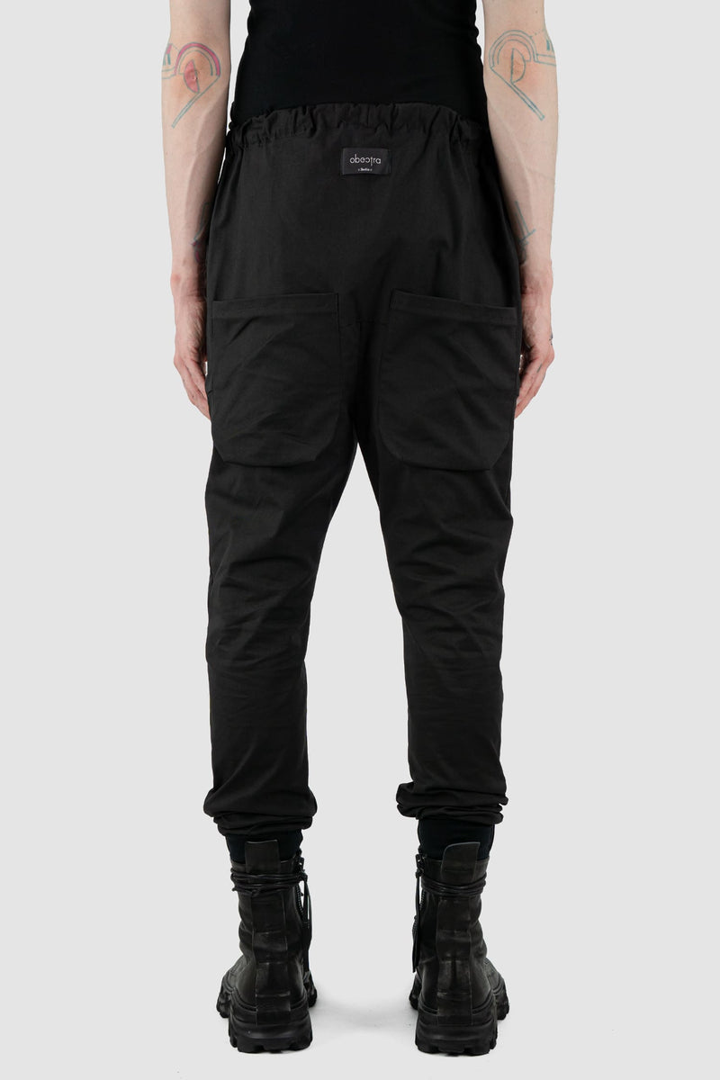 Obectra Studio - Back view of Black Cotton Dawn jogger pants with lower positioned back pockets, regular fit, Permanent Collection.