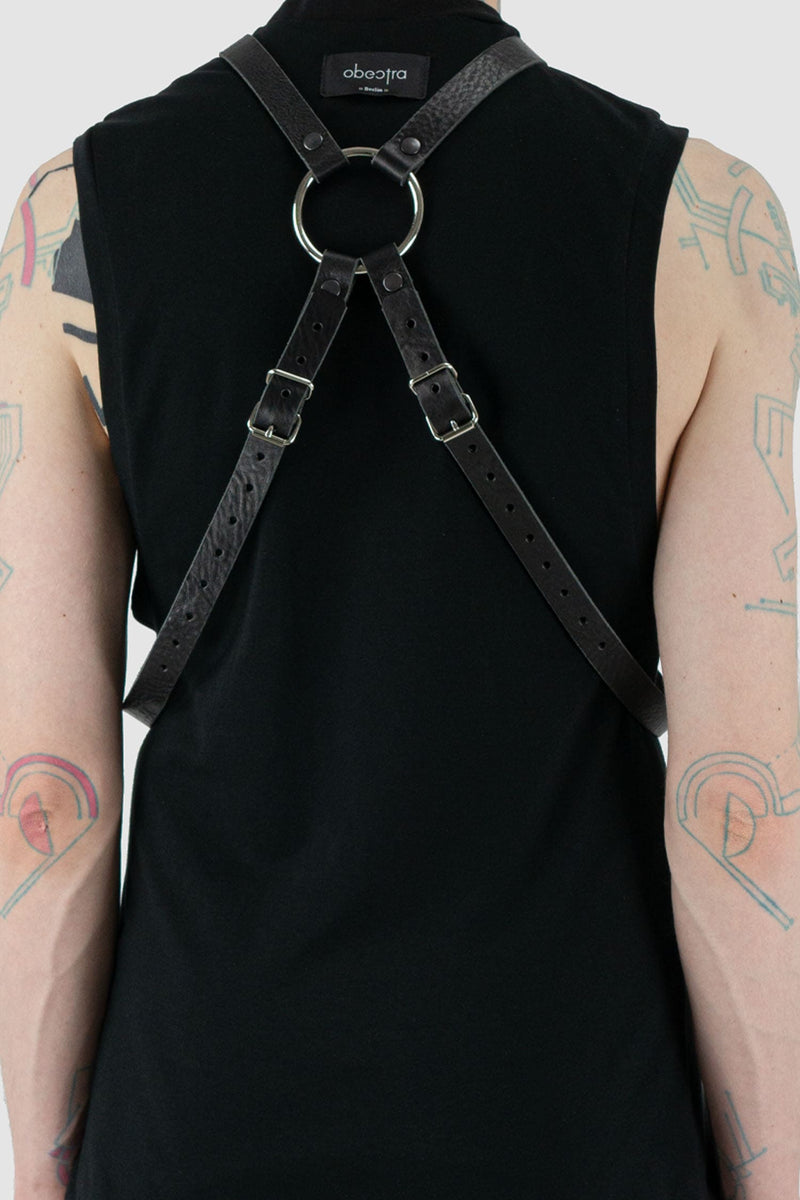 Obectra Studio - Back detail view of black double strap leather harness with adjustable buckles, large metal ring, Permanent Collection.