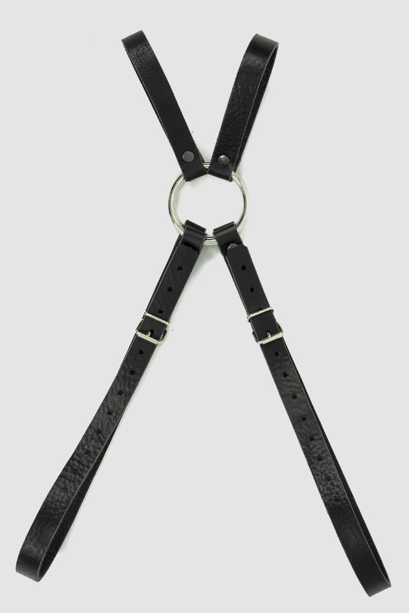 Obectra Studio - Back view of black double strap leather harness with adjustable buckles, large metal ring, Permanent Collection.