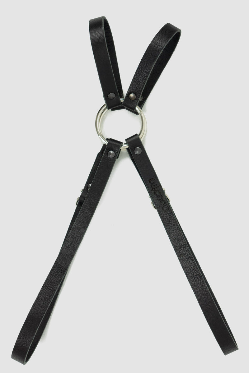 Obectra Studio - Front view of black double strap leather harness with adjustable buckles, large metal ring, Permanent Collection.