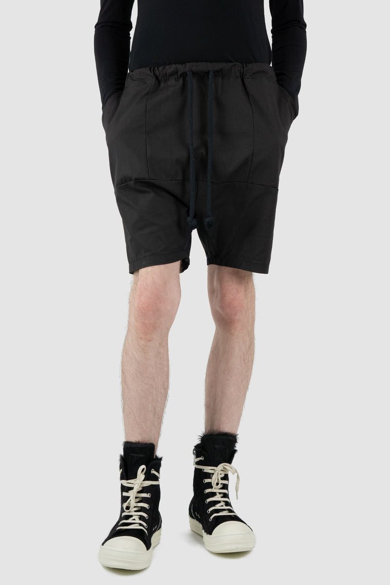 Obectra Studio - Front legere view of black Dusk cotton shorts with low crotch, lower positioned back pockets, Permanent Collection.