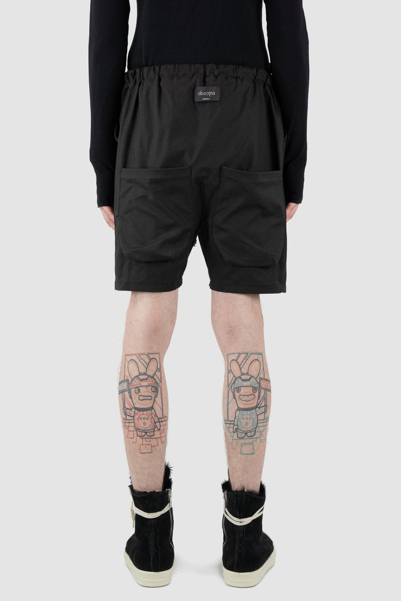 Obectra Studio - Back view of black Dusk cotton shorts with low crotch, lower positioned back pockets, Permanent Collection.