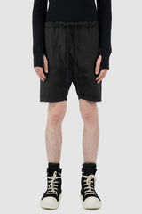 Obectra Studio - Front view of black Dusk cotton shorts with low crotch, lower positioned back pockets, Permanent Collection.