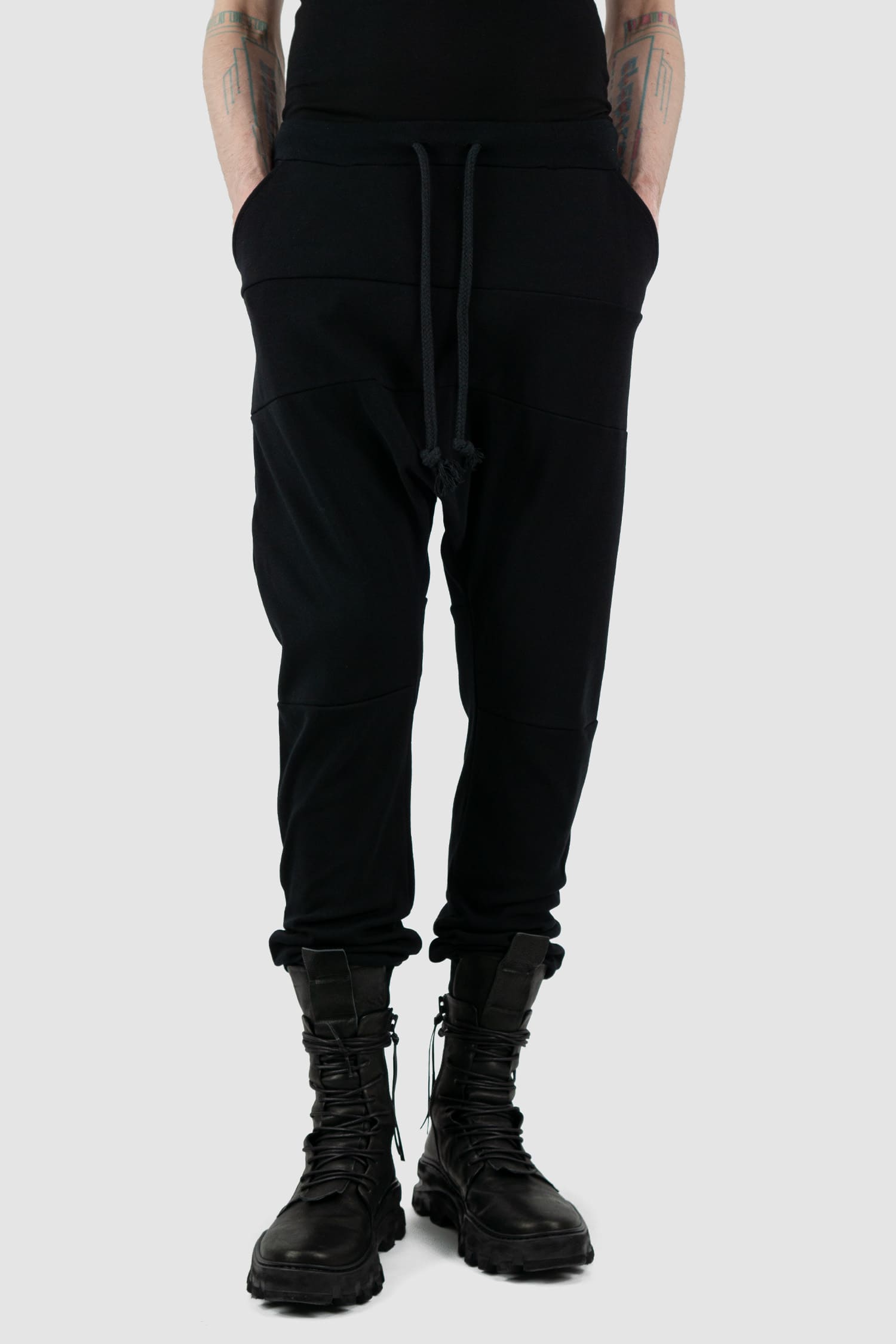 Obectra Studio - Front legere view of Black Cotton Luna Sweatpants with lower positioned back pockets, regular fit, Permanent Collection.