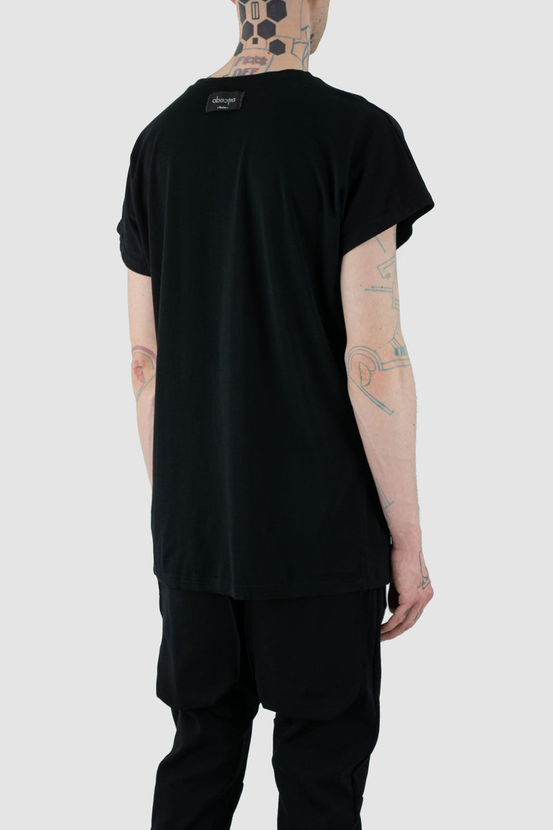 Obectra Studio - Back side view of Black Cotton Mint T-shirt with raglan shoulders, round neck detail, regular fit, Permanent Collection.