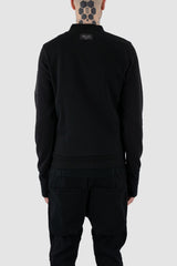 Obectra Studio - back view of Black Cotton Nalla Sweat Bomber Jacket with thumbhole details, slim fit, Permanent Collection.