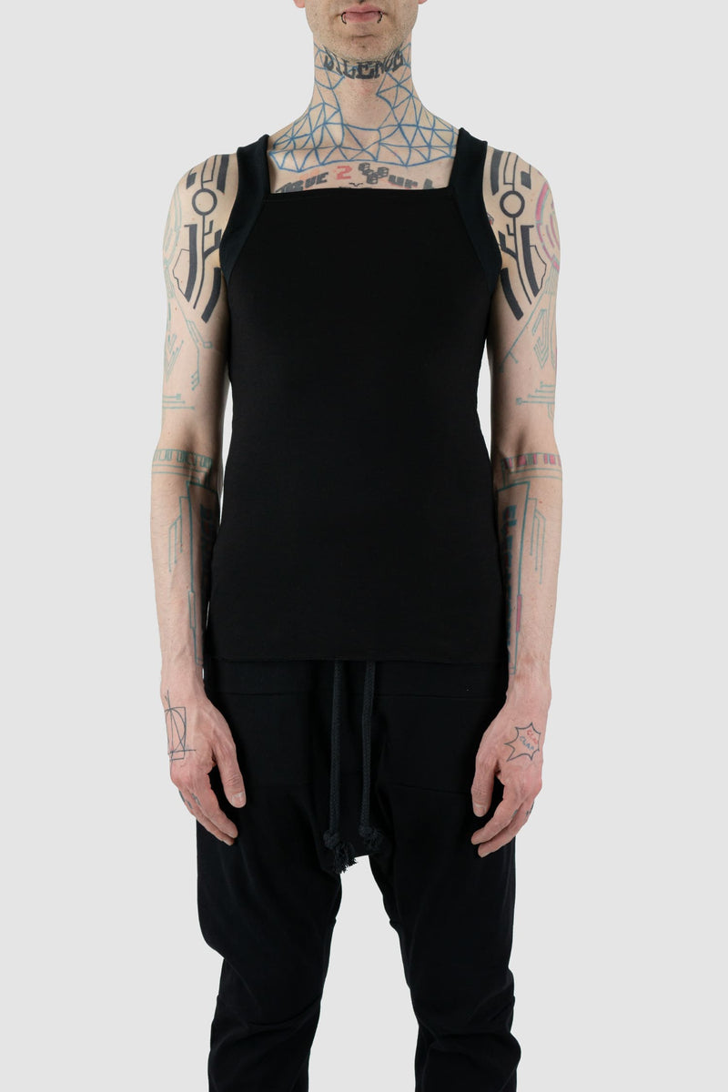 Obectra Studio - Front view of Black Muscle Square Tank with square front and back ending, slim fit, Permanent Collection.